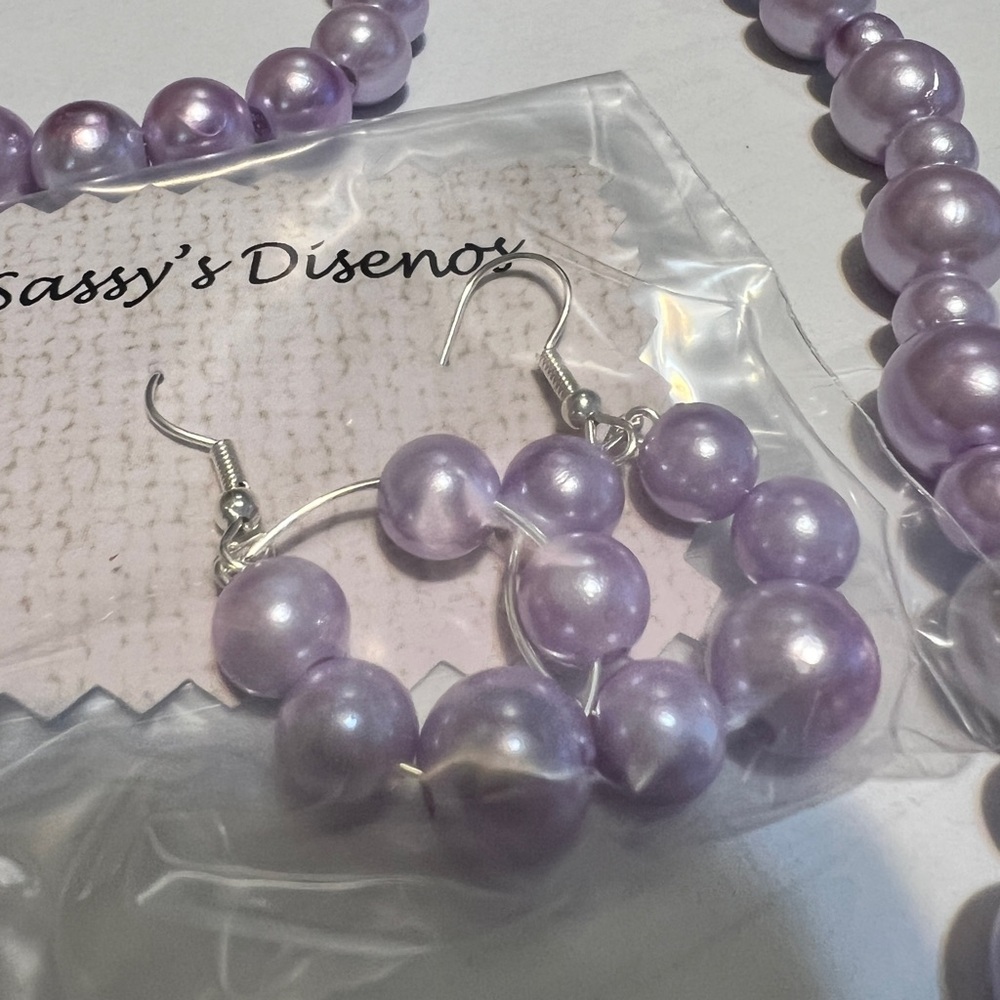 Purple Pearl Hoop Earrings with matching necklace & bracelet.